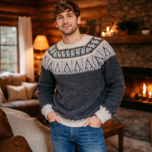 Other - Peruvian Made 100% Alpaca Gray/Cream Fairisle Soft Chunky Winter Sweater Sz L